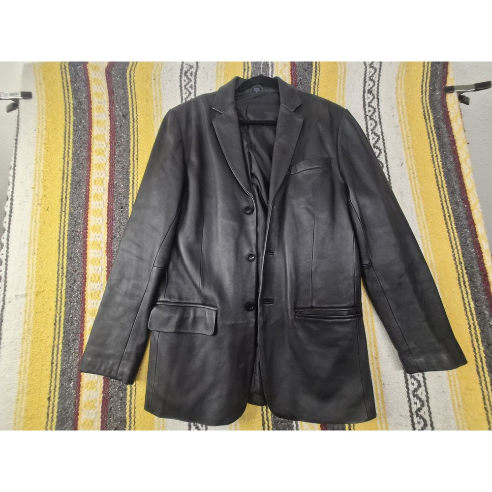 Kenneth Cole Reaction Men's Black Genuine Leather Blazer Jacket S Button clean